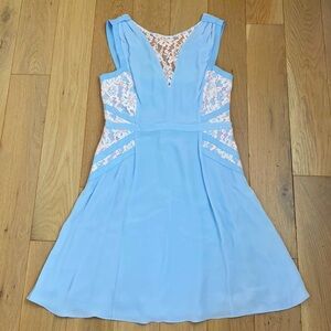 French Connection baby blue with white and neon pink lace dress